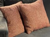 two pillows on a couch in a living room with a gray couch