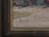 an oil painting of a man riding a horse on a dirt road