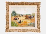 un tableau représentant des vaches paissant dans un champ, dans un cadre doré