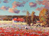 une peinture à l'huile représentant un champ de fleurs rouges avec une grange rouge au loin