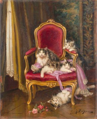 une image représentant un tableau où l'on voit un chat assis sur une chaise rouge