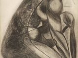 dessin au fusain d'une femme agenouillée sur un tabouret, les mains sur les genoux