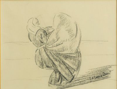 dessin au crayon représentant une femme assise sur une planche de surf, coiffée d'un chapeau