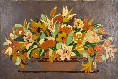 une peinture de fleurs dans un pot sur une table