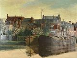a painting of a boat on the water in front of a building
