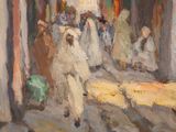 a painting of a group of people walking down a street