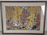 framed picture of a painting of a forest scene with birds and flowers