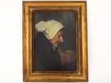 painting of an old woman with a white bonnet in a gold frame