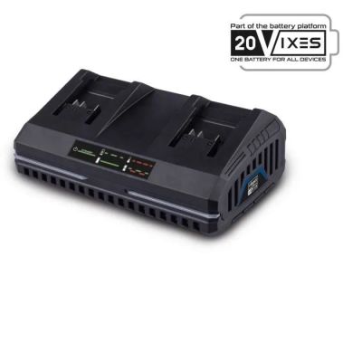 a black battery charger with two batteries attached to it