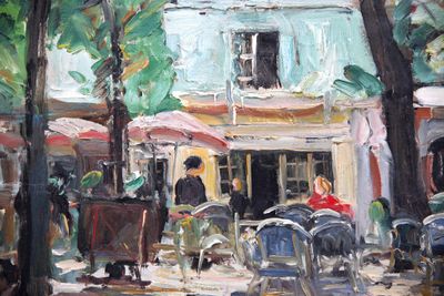 a painting of people sitting at tables outside of a restaurant