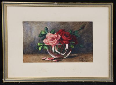 painting of roses in a glass vase on a table