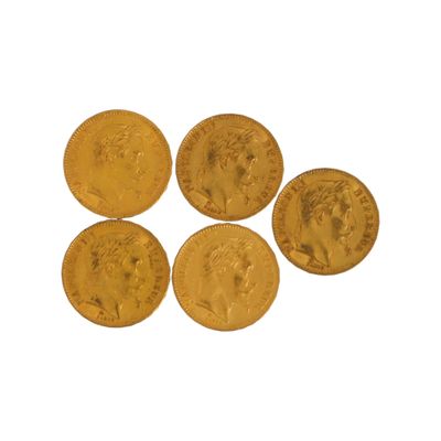 Lot de cinq pièces de 20 francs or Napoléon III tête laurée … - Photo 1