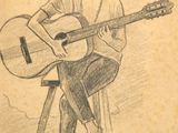 pencil drawing of a man sitting on a chair with a guitar