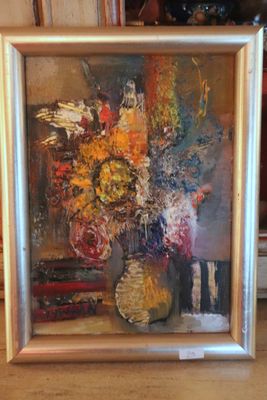 a painting of flowers in a vase on a table