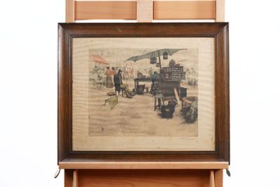 an old picture of a man standing next to a painting on a easel