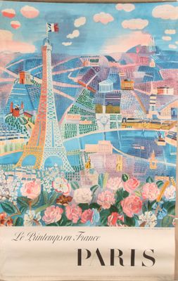 tableau représentant la tour Eiffel à Paris, avec des fleurs au premier plan