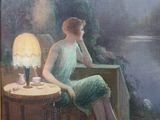 un tableau représentant une femme assise à une table avec une lampe