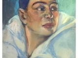 an image of a painting of a woman with a blue head scarf