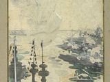 painting of a view of a harbor with ships in the water