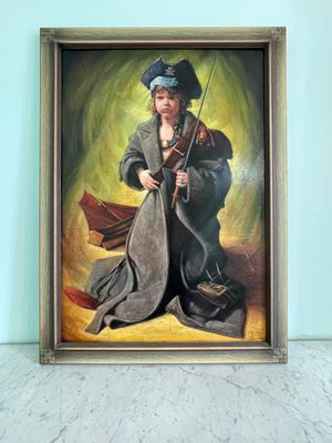 painting of a woman with a gun in a room with a blue wall
