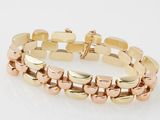 a gold bracelet with two rows of links on a white background