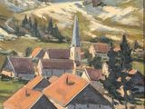 an oil painting of a village with a steeple in the background