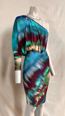 an image of a mannequin dressed in a multicolored dress