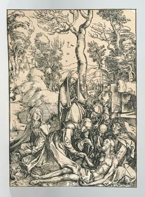 an old black and white drawing of a group of people in a wooded area