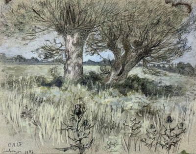 painting of two trees in a field with grass and weeds