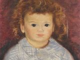 painting of a little girl in a blue shirt sitting on a chair