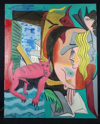 painting of a woman with a cat and a man in a city