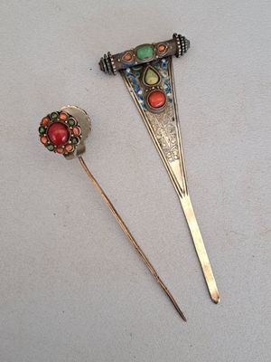 pair of antique silver and coral broochee hair pins