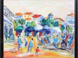 painting of a painting of people with umbrellas on a city street