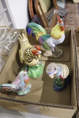 de nombreuses figurines d'oiseaux dans une boîte posée par terre