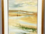 une peinture à l'huile représentant une scène de plage avec un bateau dans l'eau