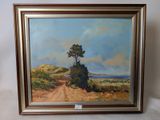 une peinture à l'huile représentant un chemin de terre avec un arbre solitaire au loin