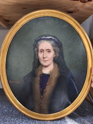 painting of a woman in a fur coat holding a framed picture