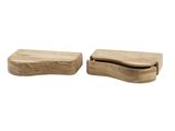 a pair of small wooden boxes with handles on a white background