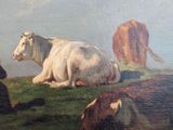 a painting of cows sitting on a hill with a sky background