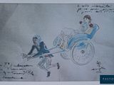 dessin représentant un homme en fauteuil roulant tirant une femme en fauteuil roulant