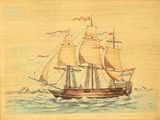 painting of a sailing ship in the ocean with flags on it