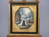 un vieux tableau représentant un ange et une femme dans un paysage
