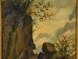 une image représentant un tableau représentant un paysage rocheux avec un arbre au premier plan