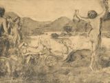 dessin représentant un groupe d'hommes et de femmes nus dans un champ