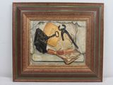 painting of a pair of scissors, a book, and a pair of scissors in a frame