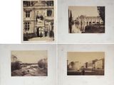 quatre vieilles photographies en noir et blanc représentant des bâtiments et une rivière
