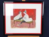 painting of two women sitting on a bench in front of a red wall