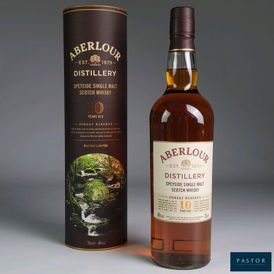 a bottle of aberlour distillery 10 years old whisky next to a cardboard box