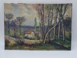 une peinture à l'huile d'une maison dans une zone boisée avec des arbres