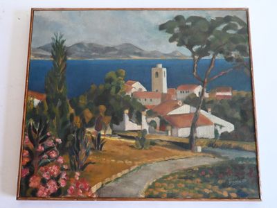 une image d'un tableau représentant un village au bord de l'eau